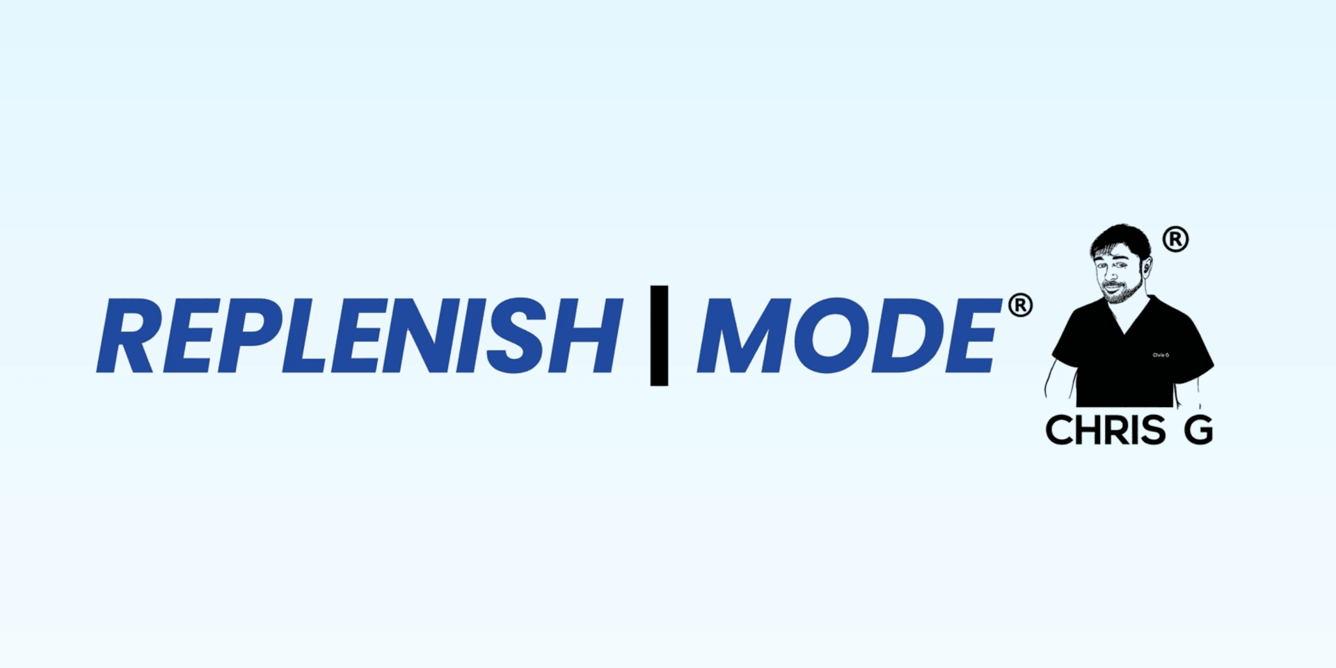 REPLENISH | MODE wellness brand logo with Chris Gibson promoting holistic skin health and nutrition.