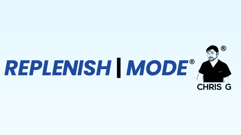 REPLENISH | MODE wellness brand logo with Chris Gibson promoting holistic skin health and nutrition.