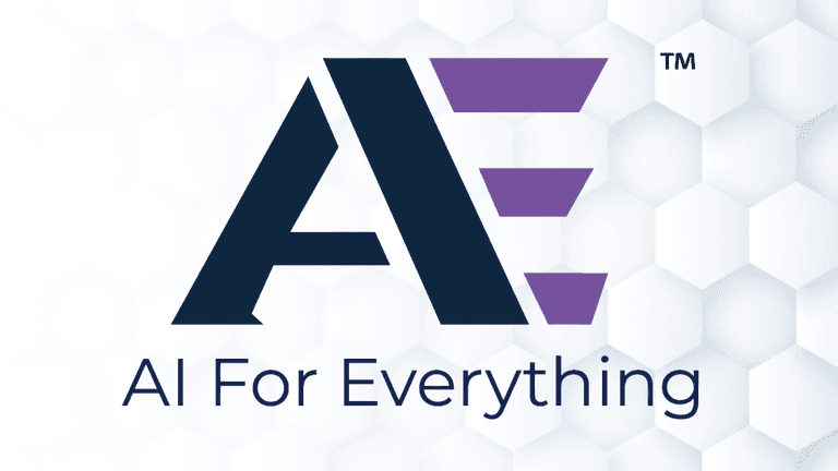AIFE AI For Everything logo in navy and purple against a white geometric background.