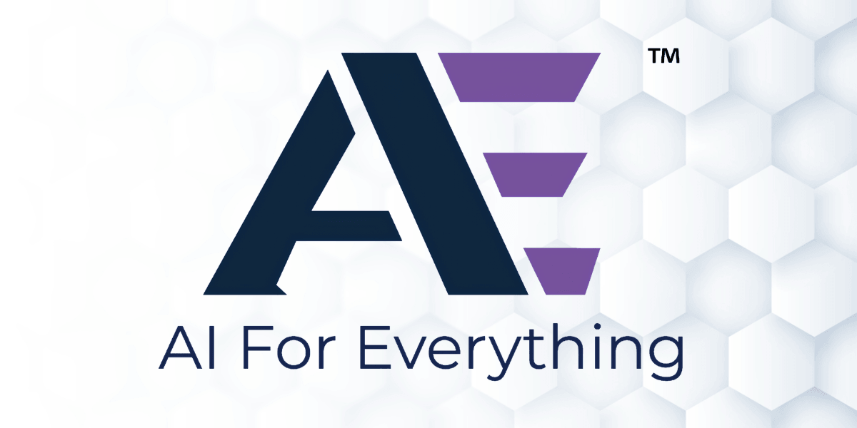 AIFE AI For Everything logo in navy and purple against a white geometric background.