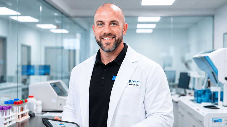 Blair Mercer wearing a PRYM Wellness lab coat in a clinical laboratory with testing equipment.